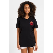 He Man Ghostmasters Logo Siyah Kadın V Yaka Tshirt SIYAH
