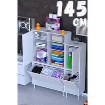 Lara 145 Cm Kirli Sepetli Banyo Ve Kiler Dolabı Çok Amaçlı Dikey Dolap Beyaz 95+50 X160x32,5 Cm