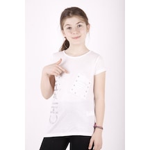 Toontoy Kids Toontoy Kız Çocuk Yıldız Baskılı Kesik Cep Detaylı Tişört Beyaz
