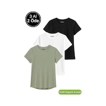 Kadın 3'lü Paket Siyah-beyaz-koyu Mint %100 Organik Pamuk Normal Kesim Tişört Bisiklet Yaka T-shirt Çok Renkli