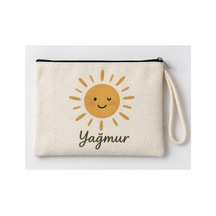 Kişiye Özel Gülümseyen Güneş Baskılı Fermuarlı Makyaj Çantası Bozuk Para Cüzdanı Clutch