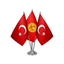 Masa Üstü Kırgızistan Bayrağı Türk Bayrağı Üçlü Krom Direk Masa B