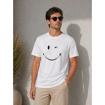 Modi Erkek Minimal Gülümseyen Yüz Baskılı Tişört Kısa Kol Yazlık T-shirt - Beyaz Açık Beyaz