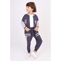 Toontoy Kids Toontoy Erkek Çocuk 2'li Takım Baskılı Kolej Yaka Fermuarlı Sweatshirt & Beli Paçası Lastikli Jogger Eşofman Altı - Renk Bloklu & 2 İplik Füme