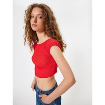 Koton Crop Tişört Bürümcük Sırt Detaylı Kap Kol Kayık Yaka Slim Fit Kırmızı 4sal30379ık Kırmızı