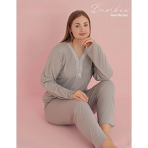 Pijamerry Kadın Büyük Beden Dantel Yaka Bambu Uzun Kol Pijama Takımı 5070 - 1 Adet 001