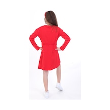 Toontoy Kız Çocuk Baskılı Relax Fit Bisiklet Yaka Uzun Kollu Bağcıklı Elbise - Kırmızı
