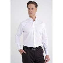 Slim Fit Düğmeli Yüksek Yaka %100 Pamuk Saten Düz Beyaz Gömlek Gk 760