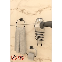 Alper Banyo Jasmin Kare Siyah Yapışkanlı 3'lü Set - Kağıtlık Yuvarlak Havluluk Kare Fön Makinesi Askısı Siyah