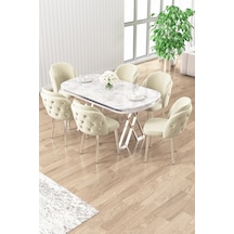 Canisa Zae Serisi 90x168 Lak Panel Beyaz Mermer Masa Krom Ayak Masa Takımı Ve 6 Krem Sandalye Rampla Gri Masa Krem Sandalye