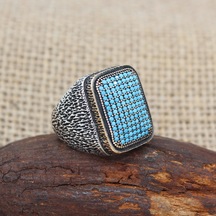Mikro Firuze Taşlı 925 Ayar Gümüş Erkek Yüzüğü Gümüş