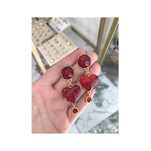 Tasarım Gold Detaylı Kalp Küpe Kırmızı