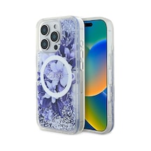 Apple iPhone 16 Pro Uyumlu Kılıf Guess Lisanslı Magsafe Özellikli Sıvılı Simli Çiçek Desenli Mor