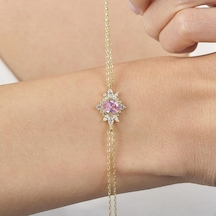 Mia Vento Pink Taşlı Prenses Yıldızı Gold Renk Vintage Gümüş Bileklik