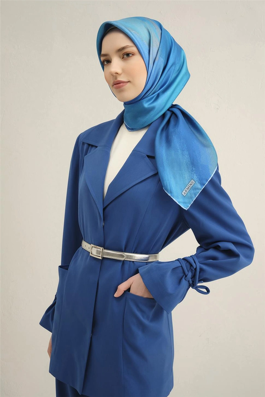 Armine Soyut Desenli Saf İpek Sura Eşarp 9308d 35 Mavi