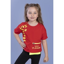 Toontoy Kids Toontoy Kız Çocuk Neon Uyumlu Cep Detaylı Baskılı Tişört Kırmızı