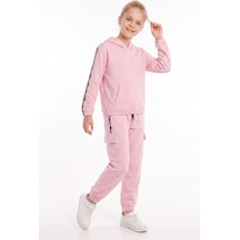 Panios Kids Kız Çocuk Kapüşonlu Şerit Detaylı Kargo Cepli Kapüşonlu Eşofman Takımı Pembe