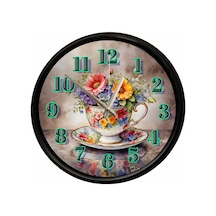 Çiçek Buketli Porselen Fincan Tasarımlı Dekoratif Duvar Saati 28 Cm Sessiz Mekanizma Çok Renkli