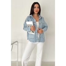 Kadın Cepli Düğmeli Denim Ceket Light Frame mavi