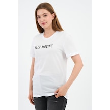 Baskılı Bisiklet Yaka Pamuklu T-shirt Beyaz