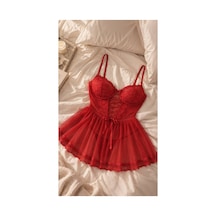 Loveria Kırmızı Dantel Detaylı Tül Etekli Desteksiz Babydoll Kırmızı Kırmızı