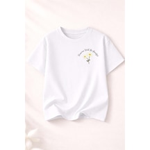 Herkesemoda Papatya Baskılı Kadın Bisiklet Yaka Pamuklu T-shirt Beyaz