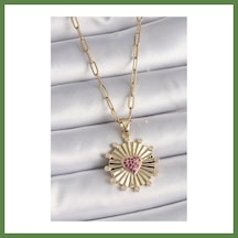 Bezos 316l Çelik Gold Renk Pembe Zirkon Taşlı Kalp İşleme Madalyon Model Kadın Kolye Hb006