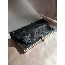 Çanta Trend Kadın Siyah Desenli Taş Detaylı Cüzdan Clutch Model Portföy Özel Gün Ve Abiye Çanta Siyah