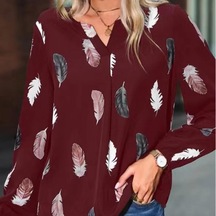 Moda Kadın Bluz Gömlek Kadınlar İçin Şık Üst Uzun Kollu Tüy Desenli Kadın Üstleri Zarif Şifon Kadın Giyim Şarap Kırmızısı