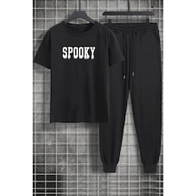 Uyguntarz Unisex Spooky Baskılı 2'li Eşofman Takımı Siyah