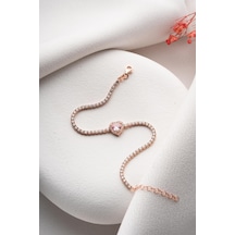 925 Ayar Gümüş Rose Kaplama Pembe Taşlı Kalp 2 Mm Zirkon Taşlı Suyolu Bileklik Rose