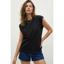 Elemge %100 Pamuk Süprem Tok Kumaş Kadın Oversize Siyah T-shirt Geniş Omuzlu Dökümlü Kolsuz Bol Kalıp