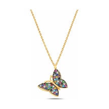 Çekirdekjewelry 925 Ayar Gümüş Kelebek Kolye Rose Kaplama Renkli Taşlı Zarif Tasarım Sarı