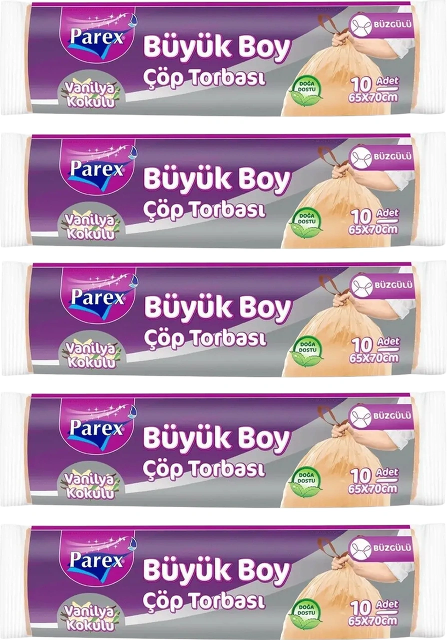 Büzgülü 10'lu Çöp Torbası Vanilya Kokulu Büyük Boy 65 X 70 Cm Beşli Paket