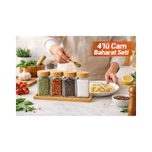 5 Parça Bambu Standlı-kapaklı, Cam Baharatlık Seti, Kare Tasarım, Baharatlık,tuzluk,karabiberlik Doğal Bambu Rengi Ve Cam