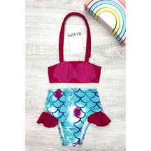 My Kids Wear Yeni Sezon Deniz Kabuğu Figürlü Balık Pul'u Desenli Fırfırlı Kız Çocuk Bikini Takımı Kırmızı - Beyaz