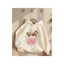 Herkesemoda Merry Bright Baskı Detaylı Kapüşonlu Sweatshırt Bej