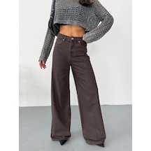 Kadın Kahverengi Denim Kumaş Baggy Jean Yüksek Bel Geniş Paça Kot Pantolon Kahverengi+düz