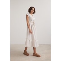 Violevin Kadın Keten Düğmeli Bağlama Detaylı Taş Elbise Vl7092-53-taş