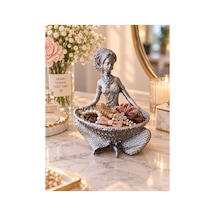 Kadın Figürlü Dekoratif Anahtar Takı Düzenleyici Biblo Gümüş Renk Sepetli Organizer Takı Tabağı 12x15 Cm Gümüş