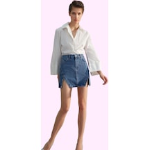 Ersefa Kadın Denim Yırtmaçlı Mini Etek Pamuk Günlük Casual Kombinler Haf Mavi