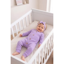 Babymod Fitilli Düğme İliklemeli Saç Bandlı Pamuklu Kız Bebek Tulum Set LİLA