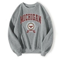 Kadın Gri Michigan Baskılı Oversize Sweatshirt
