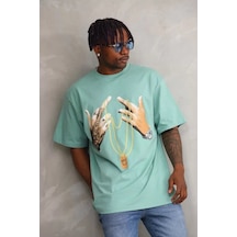 Yake Store Unisex Baskılı Oversize T-shirt - Mint Yeşili - Mint Yeşili Yeşil
