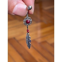 316 Cerrahi Çelik Tüy Model Bordo Taşlı Sallantılı Göbek Piercingi Gümüş