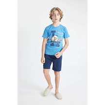 Defacto Erkek Çocuk Baskılı Kısa Kollu Şortlu Pijama Takımı C7911a824smbe277 Mavi