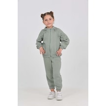 Toontoy Kids Toontoy Kız Çocuk 2'li Takım Dik Yaka Fermuarlı Reglan Kol Sweatshirt & Beli Paçası Lastikli Jogger Eşofman Altı - Fiyonk Detaylı & Dokuma Müslin Yeşil