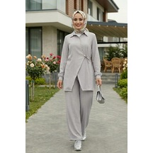 Hb Harma Time Butik Kadın Düğmeli Kuşaklı Çilek Kumaş Tunik Pantolon Gri İkili Takım Gri Gri