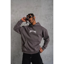 Erkek 3 İplik Pamuklu Baskılı Kapüşonlu Cepli Sweatshirt Hoodie - Füme
