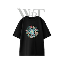 Thewert Kaplumbaga Cicek Tasarım Baskılı Ünisex Siyah Oversize T-shirt
